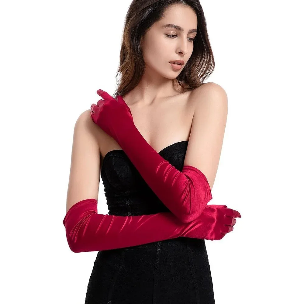 Women's Evening Burgundy Long Satin Gloves Elbow Length Formal Party Prom Wear